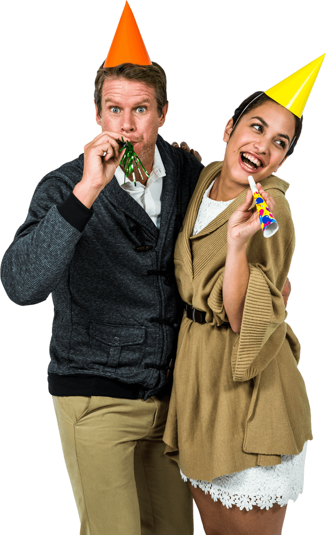 Cheerful Couple Celebrating with Party Horns Transparent