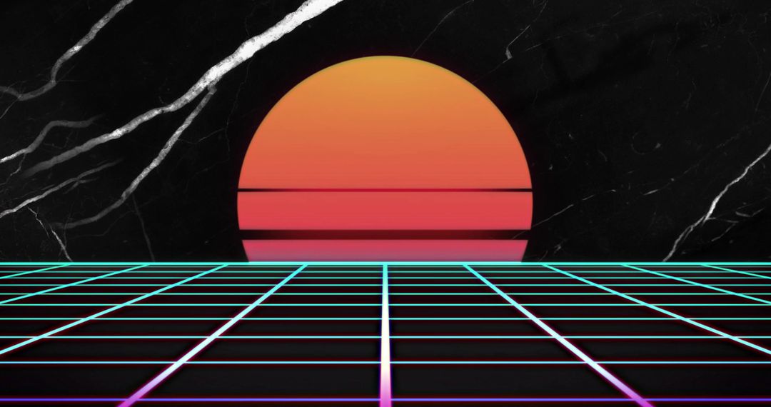Retrowave Neon Grid Horizon with Scanline Sun on Black Marble Backdrop, Synthwave Style