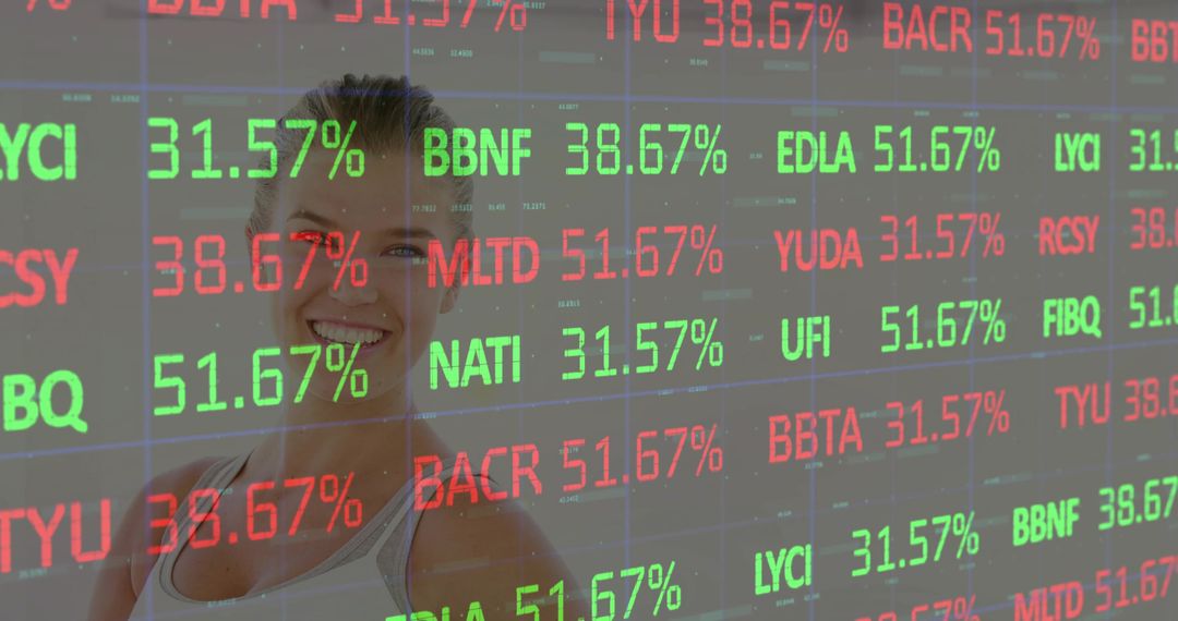 Smiling Woman Behind Transparent Stock Ticker Showing Red and Green Market Percentages