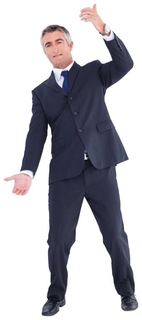 Transparent Content Businessman Posing in Suit Raising Hands