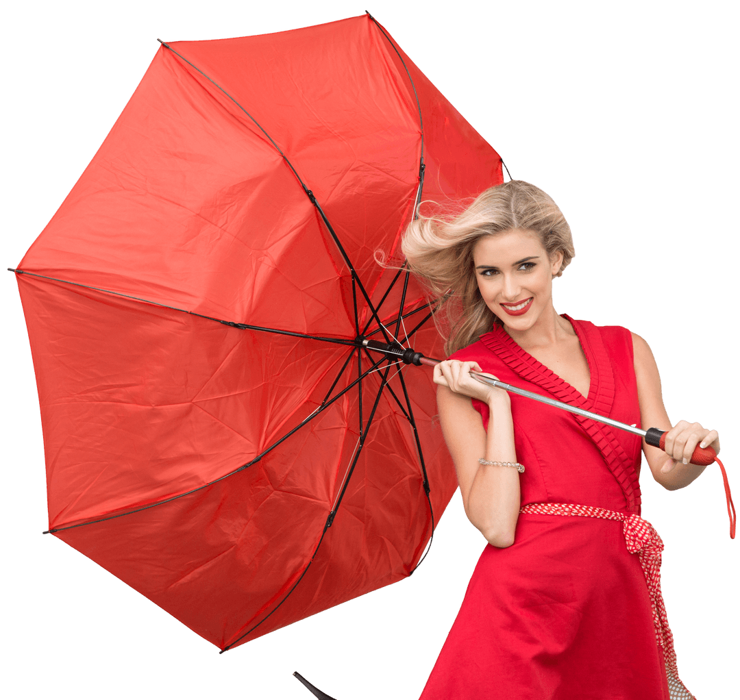 Smiling Blond Woman Holding Red Umbrella on Transparent Background