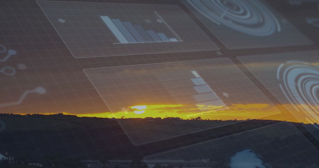 Sunset Over Hills with Digital Data Visualization Intersection