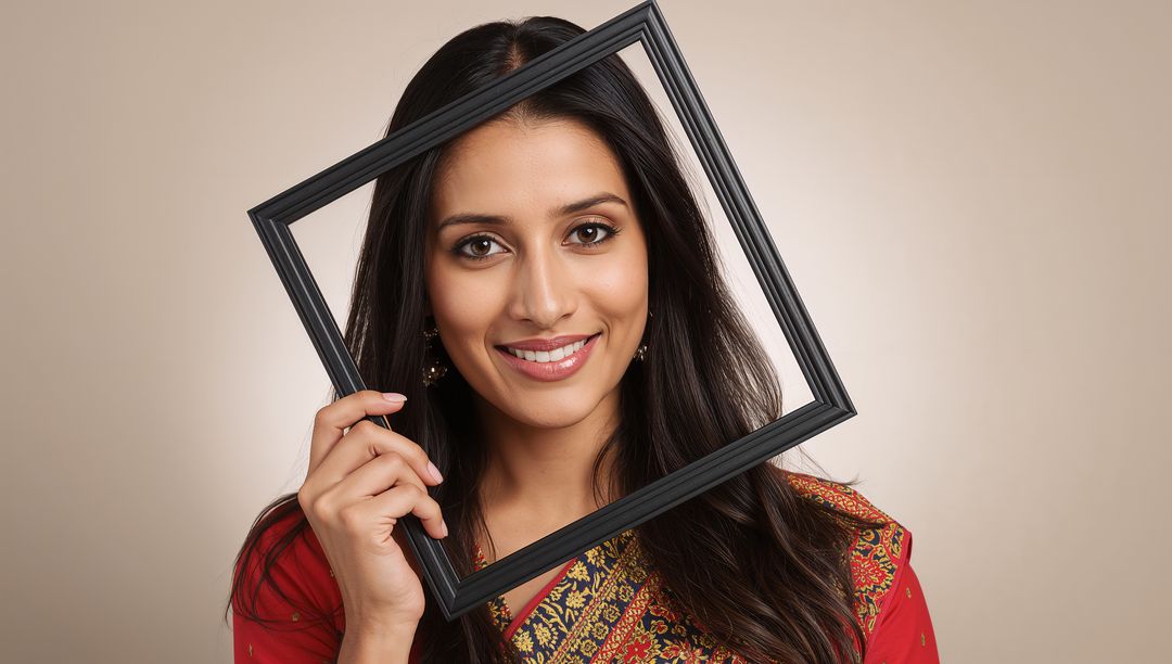 Woman in Elegant Red and Gold Saree Holding Picture Frame