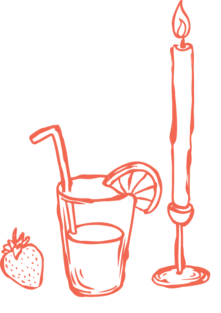 Red Line Art of Citrus Drink and Candle on Transparent Background