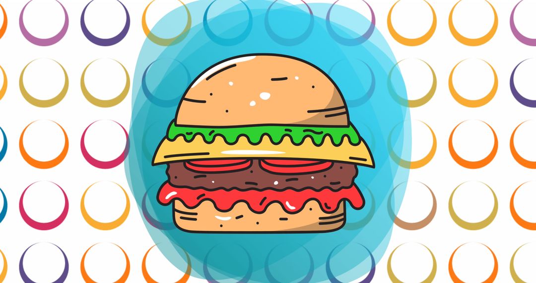 Colorful Burger Cartoon Art on Circular Pattern Background