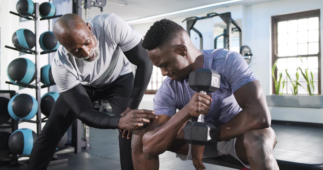 African American Man Doing Dumbbell Curl with Trainer's Guidance in Gym