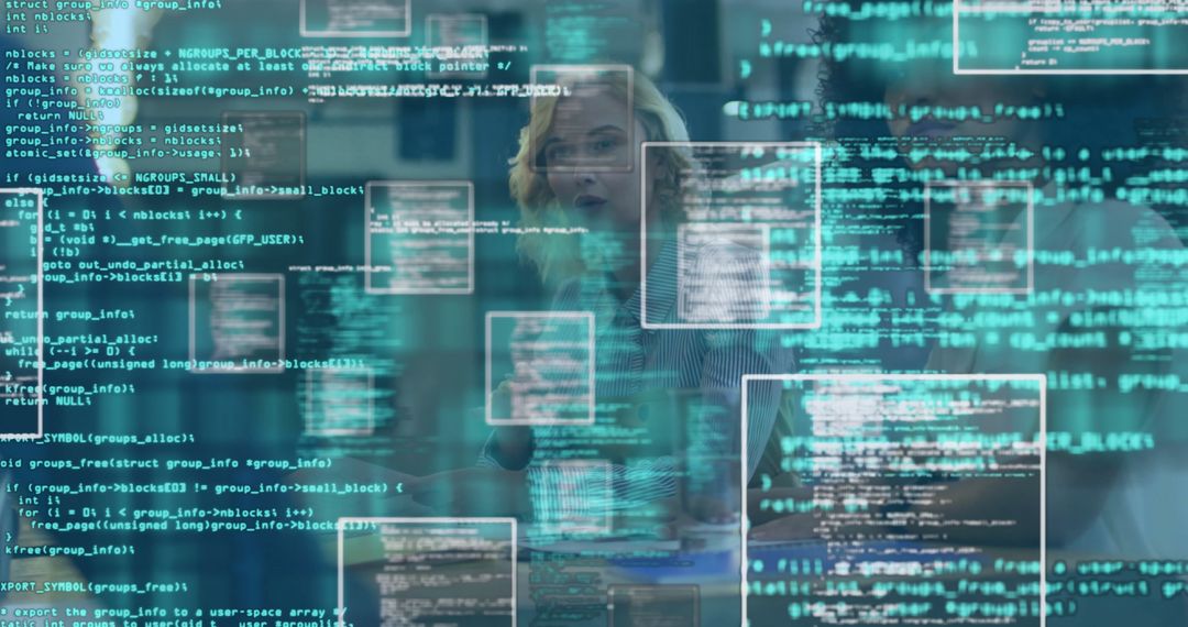 Woman Engaging with Holographic Code Panels in Innovative Office