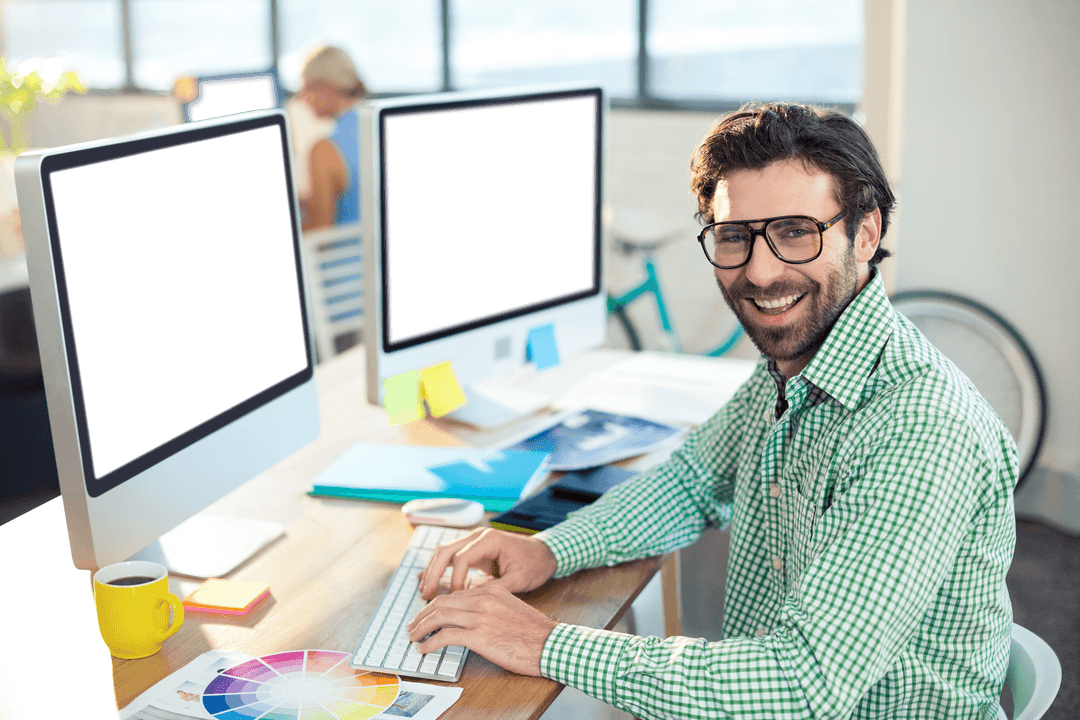 Smiling Graphic Designer in Modern Office with Transparent Background