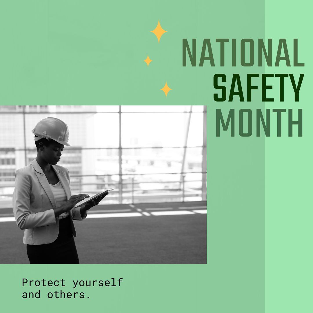 National Safety Month Celebration with Woman in Hard Hat Using Digital Tablet - Download Free Stock Templates Pikwizard.com