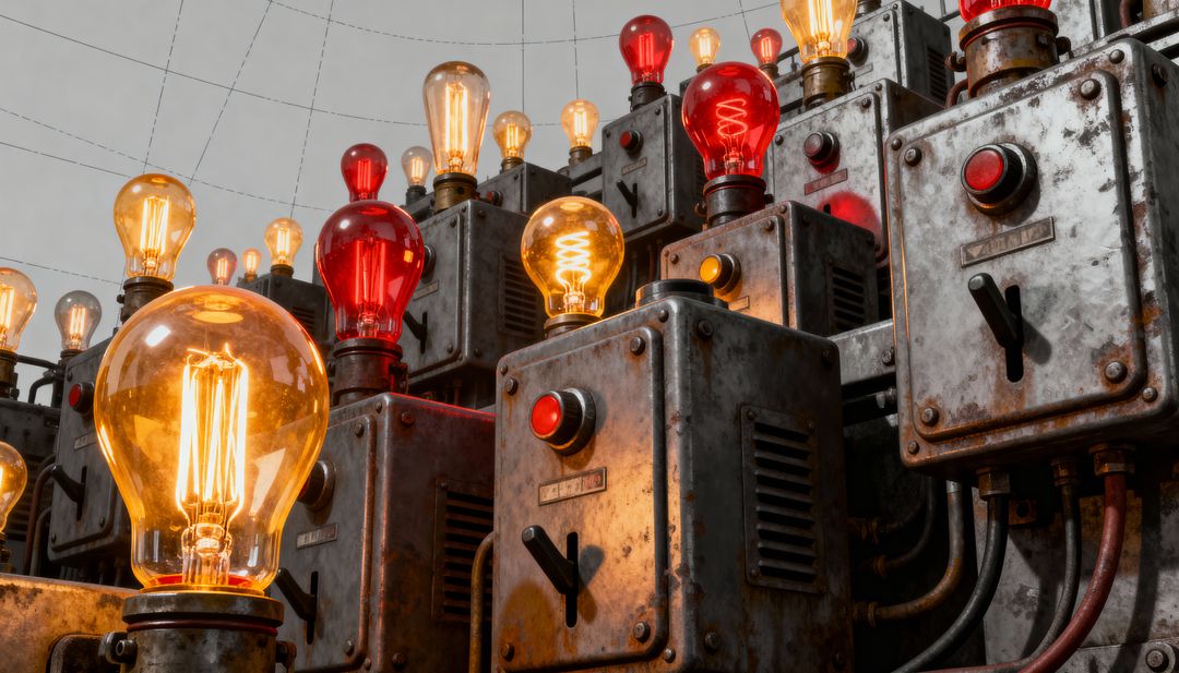 Glowing Rusted Control Boxes Emitting Warm Filament Bulbs in Vintage Industrial Cluster