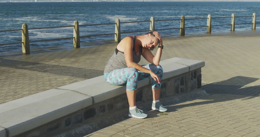 Woman Taking Rest During Morning Run Along Seaside - Free Images, Stock Photos and Pictures on Pikwizard.com