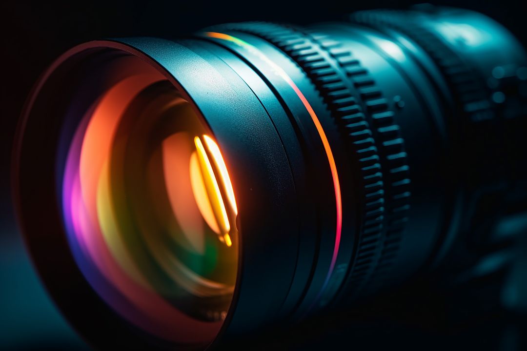 Close-up of technology camera lens with colorful reflections in dark environment