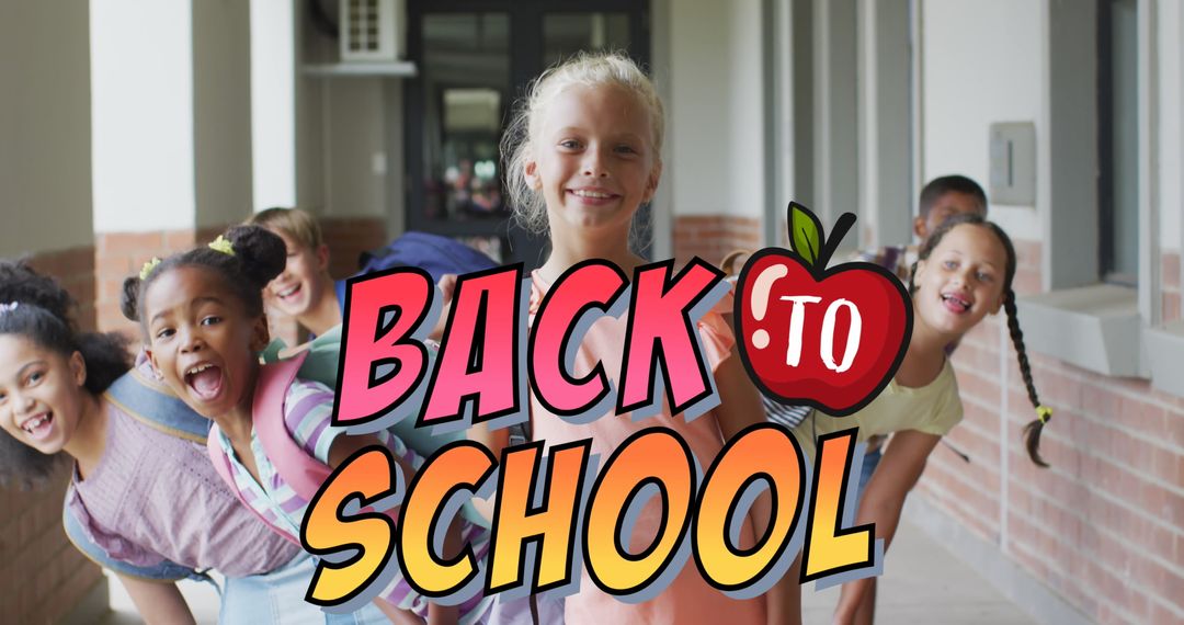 Happy Children Returning to School with Back to School Text