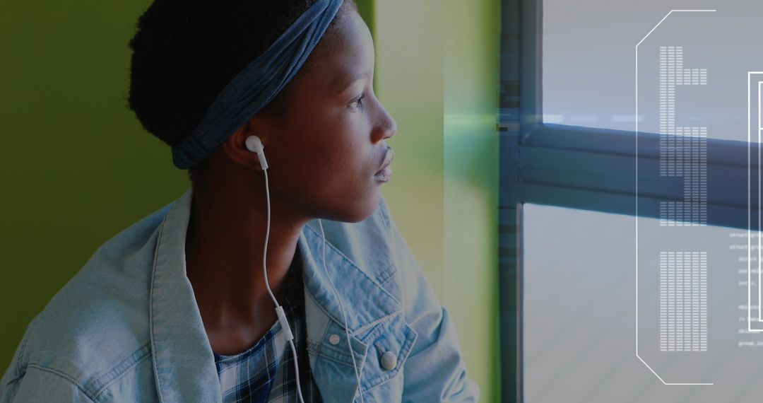 Young Woman Using Smartphone with Digital Data Interface Overlay