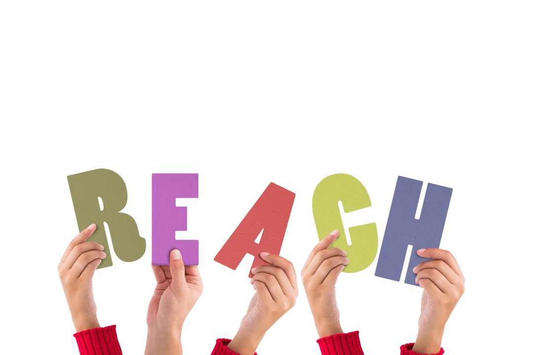 Hands Holding Letters 'REACH' on Transparent Background