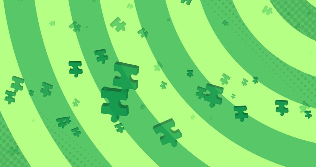 Floating Green Puzzle Pieces on Whirling Striped Background