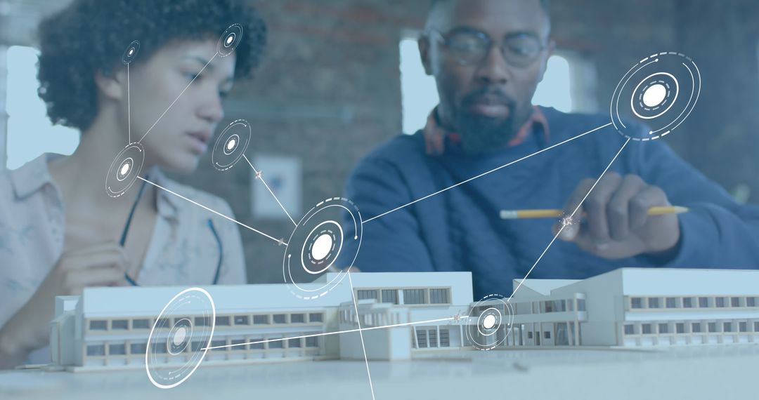 Diverse Architects Discussing Concepts with Digital Network Overlay