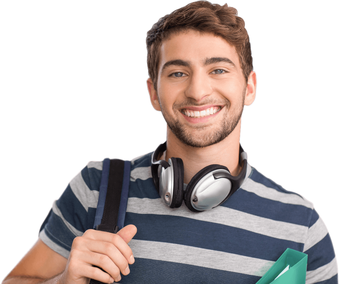 Happy Caucasian Man with Headphones and Backpack on Transparent Background