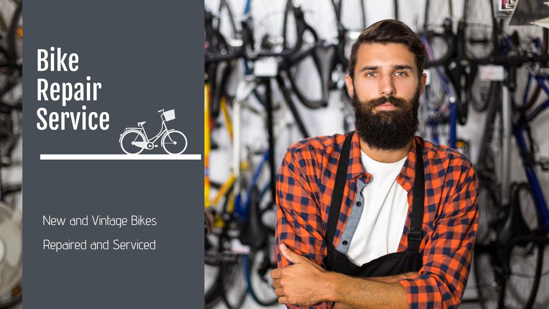Bicycle Repair Service Promotion Poster with Confident Mechanic