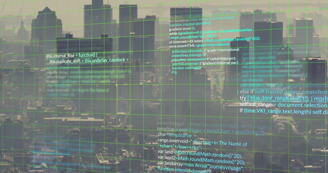 Computer Code Overlay on Modern Cityscape