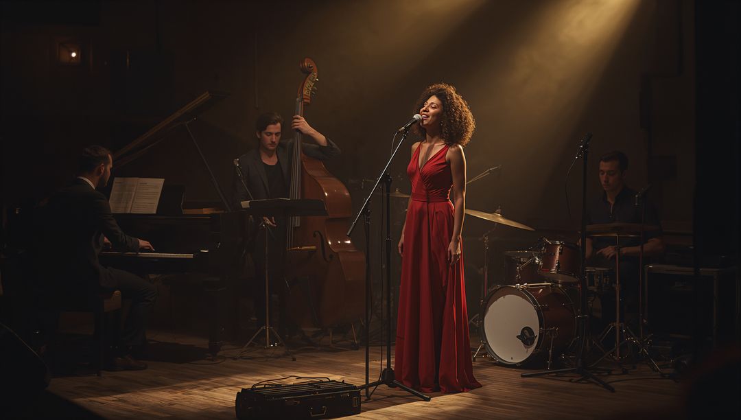 Sultry Jazz Vocalist Singing in Red Gown Under Warm Spotlight with Intimate Quartet