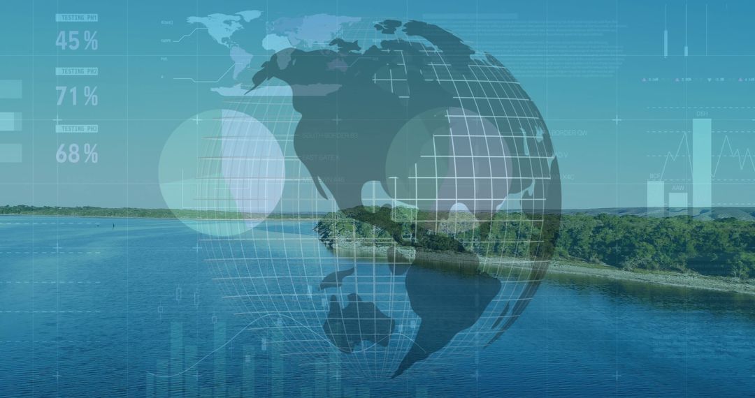 3d wireframe globe over lakeside, merging technology and nature