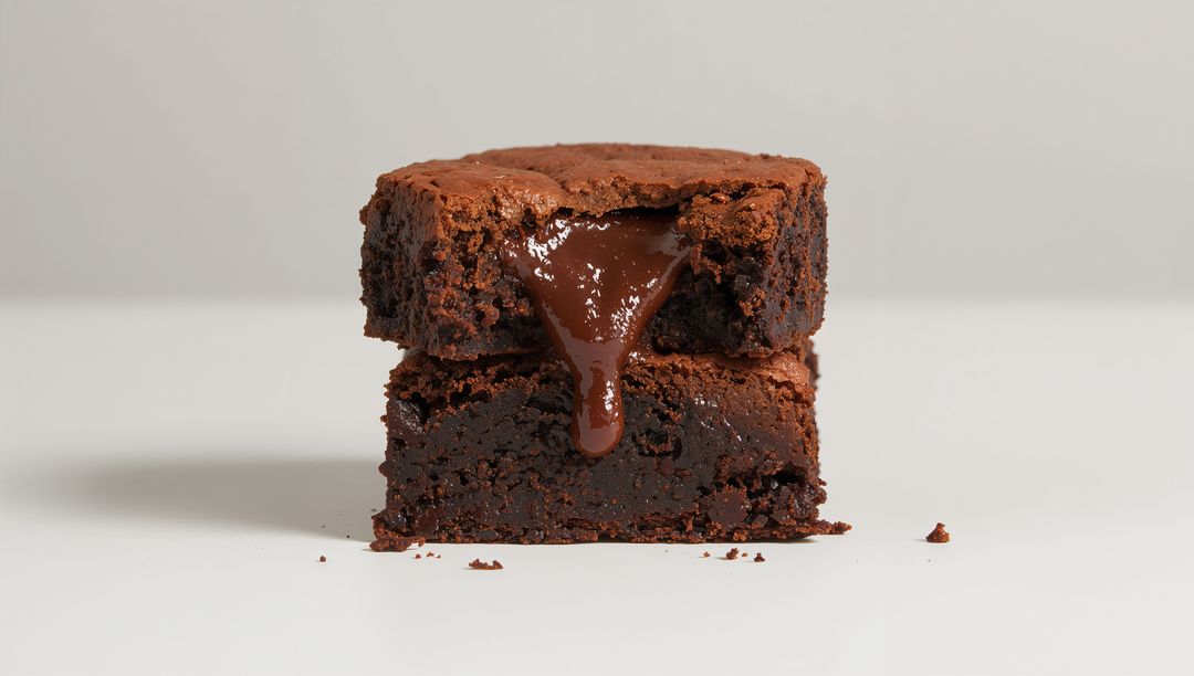 Decadent Gooey Chocolate Brownies Oozing Molten Center on White Tabletop