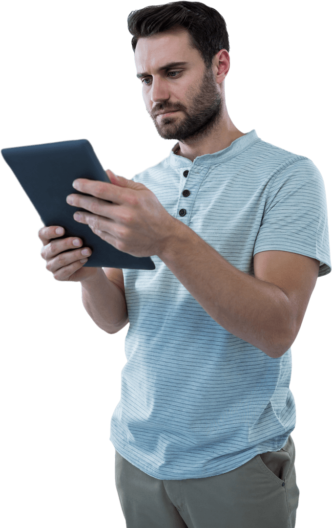 Transparent Young Man Engaged with Digital Tablet Technology