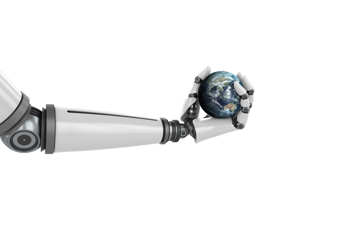 Transparent image of robot arm holding Earth illustrating technology and global reach - Download Free Stock Images Pikwizard.com