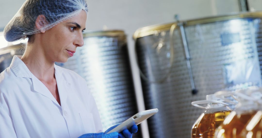 Female Food Scientist Working with Digital Tablet in Industrial Setting - Free Images, Stock Photos and Pictures on Pikwizard.com