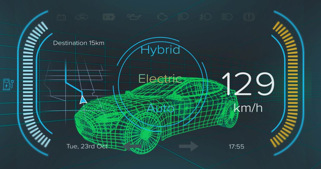 Futuristic Heads-Up Display with Wireframe Car and Speedometer Readings