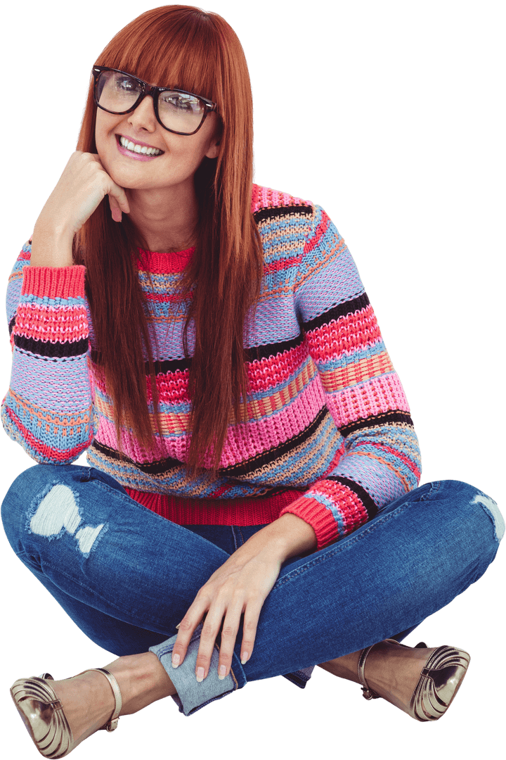 Transparent Smiling Redhead Hipster Woman in Colorful Sweater Sitting Cross-legged