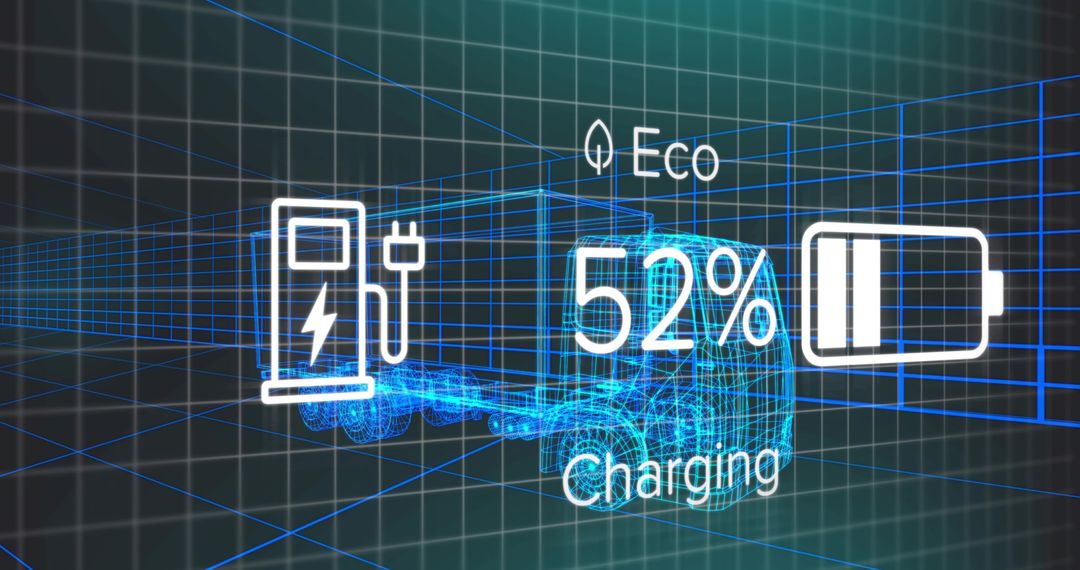 Futuristic Semi-Truck Visualization in Virtual 3D Grid with EV Charging Icons