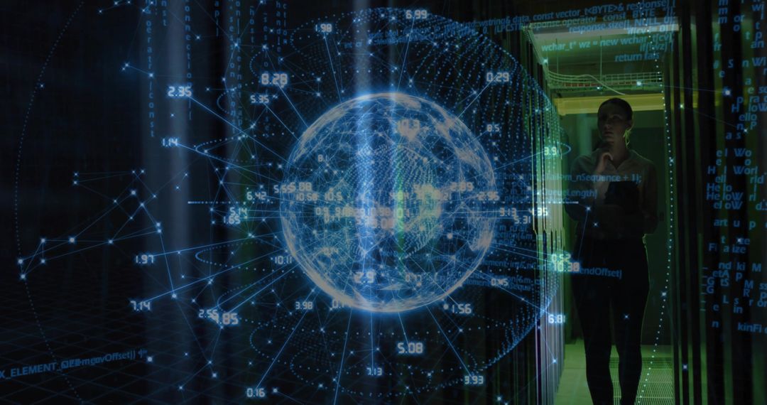 Futuristic IT Specialist Analyzing Holographic Earth in Server Room
