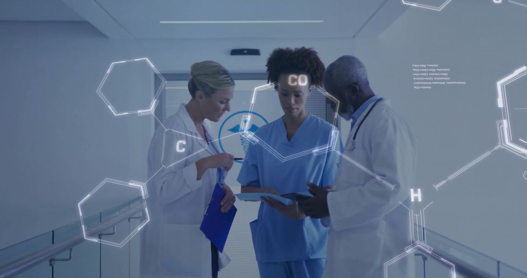 Diverse Surgeons Analyzing Data with Chemical Formulas Overlay