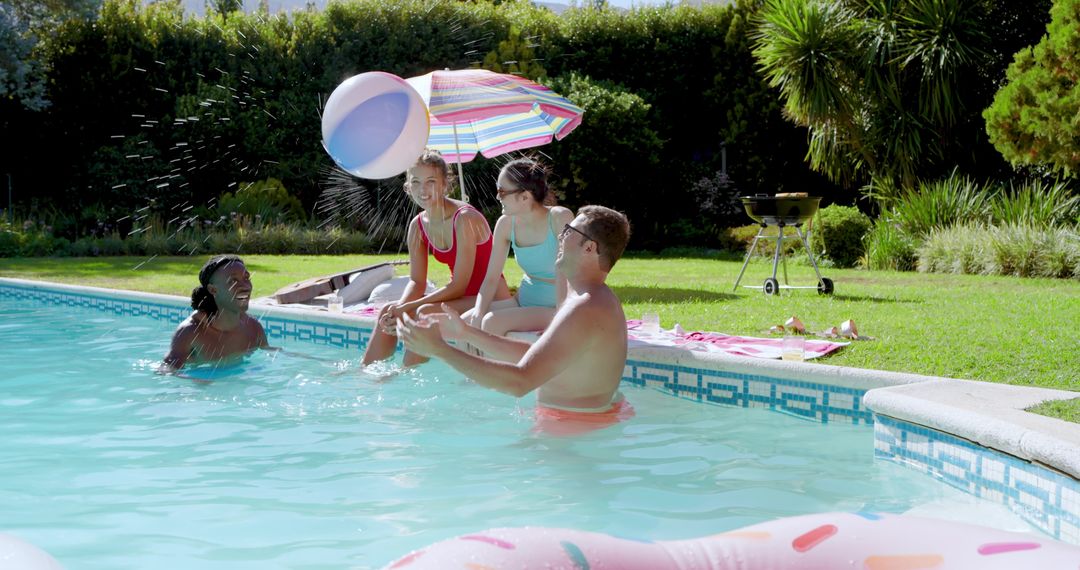 Diverse Friends Enjoying Poolside Leisure with Colorful Beach Ball Scene
