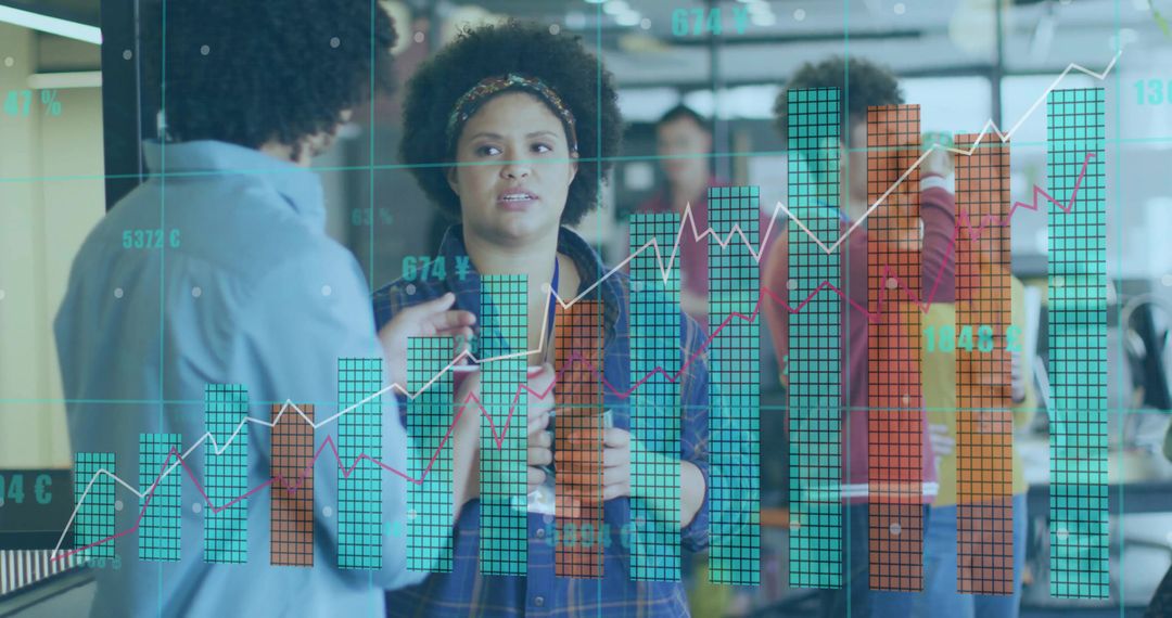 Business Team Collaborating with Digital Data Visualization in Modern Office