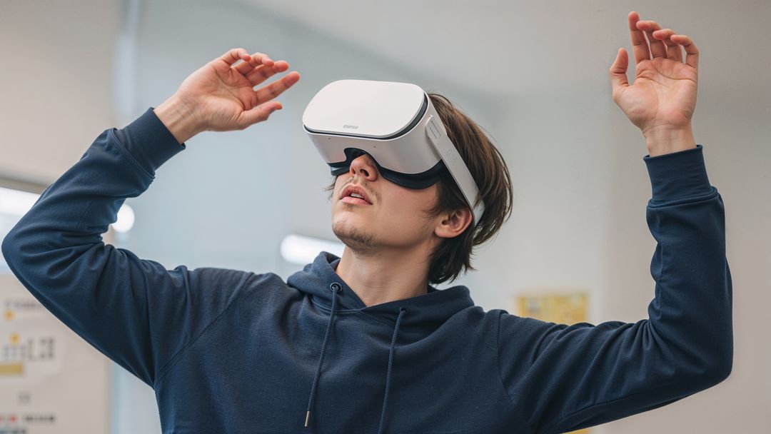 Young Man Immersed in Virtual Reality Experience with VR Headset