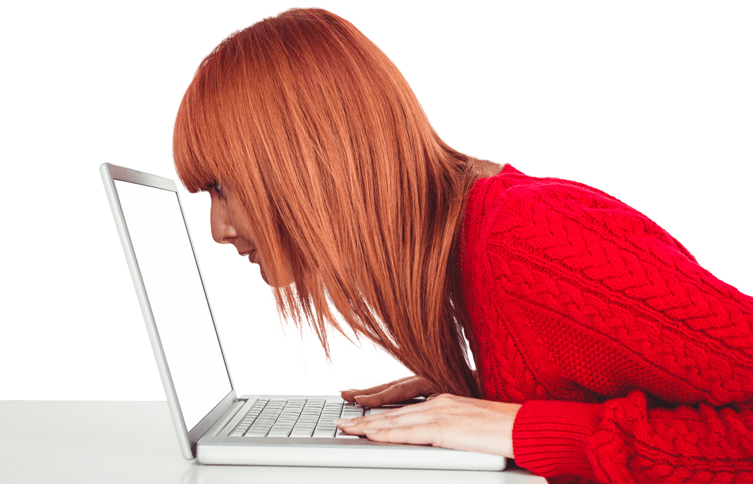 Transparent Redhead Woman Laughing at Laptop Screen