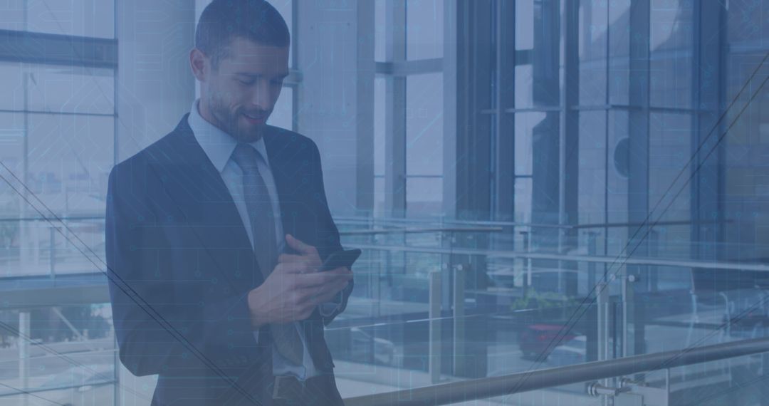 Businessman Using Smartphone with Digital Finance Overlay Concept