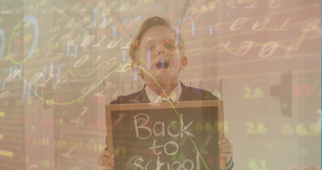 Excited Schoolboy with Digital Financial Data Overlay