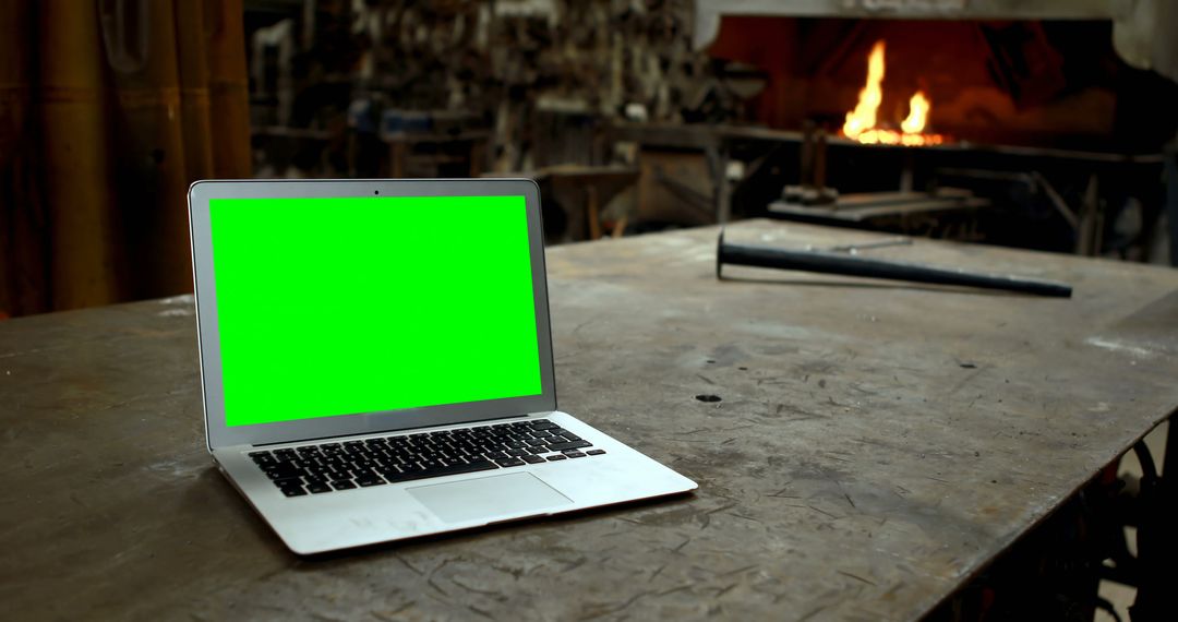 Laptop with Green Screen on Industrial Workbench in Workshop - Free Images, Stock Photos and Pictures on Pikwizard.com