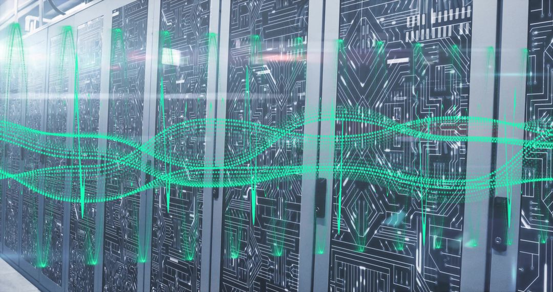 Futuristic Data Center with Glowing Circuit-Designed Server Doors