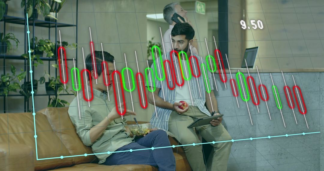 Colleagues Discussing Stock Market Data in Modern Office Lounge