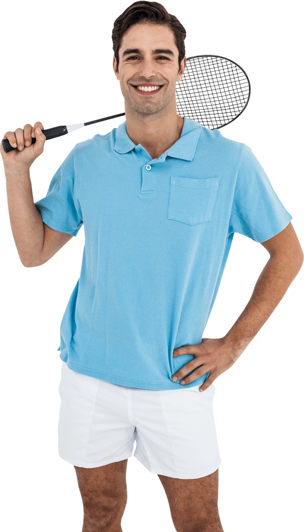 Smiling Man Holding Badminton Racket in Blue Shirt on Transparent Background