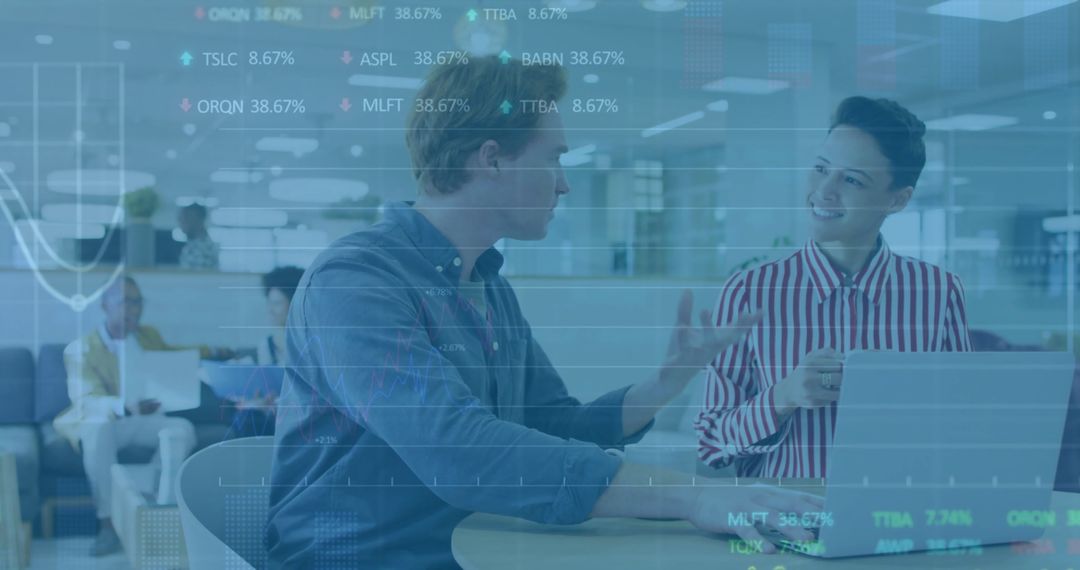 Financial Data Overlaid on Business Team Discussing in Modern Office