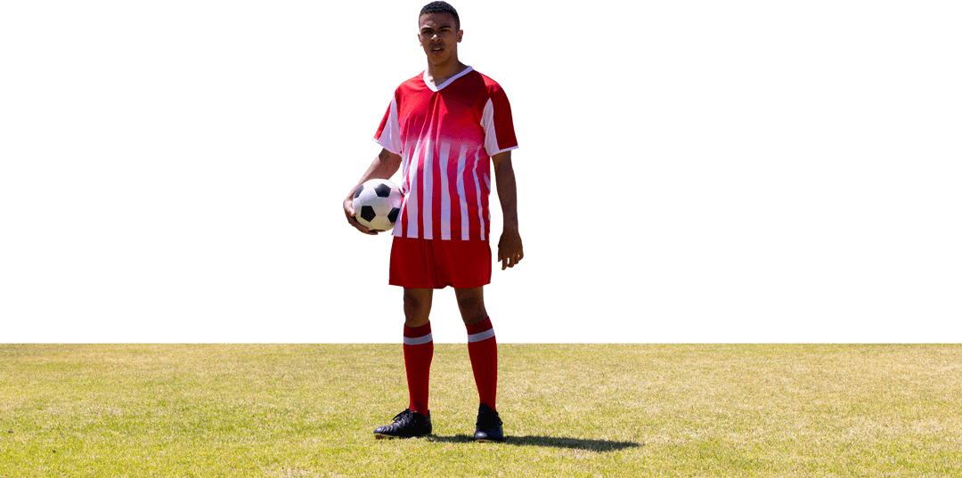 Biracial Football Player Holding Ball on Transparent Background