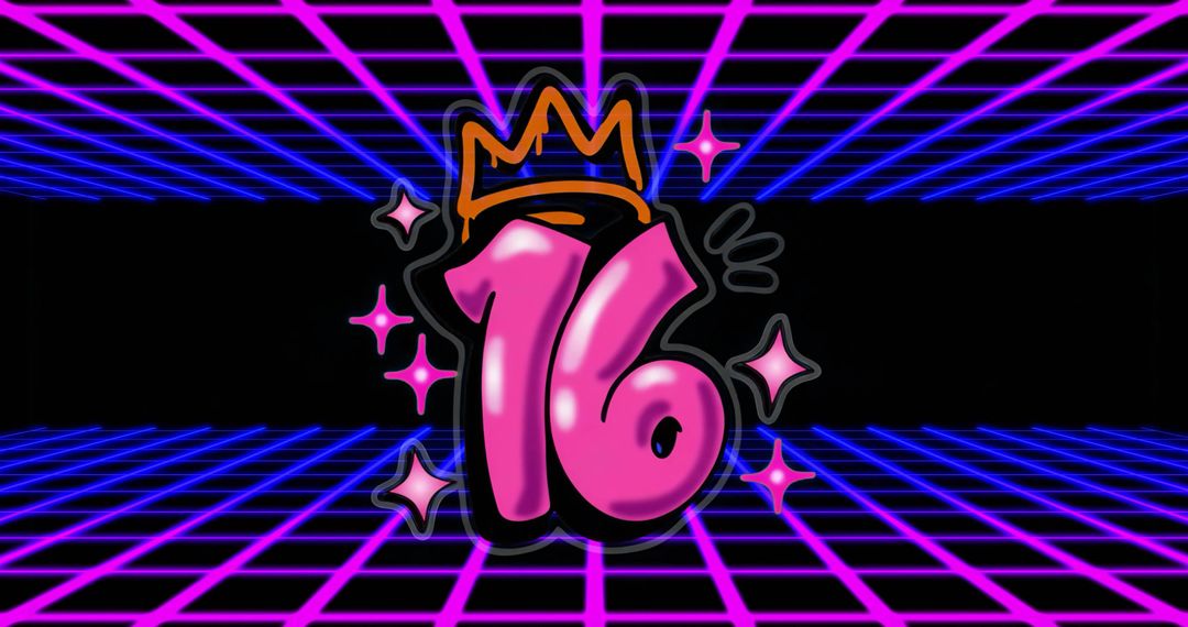 Retro Neon 16th Birthday Design with Crown and Stars