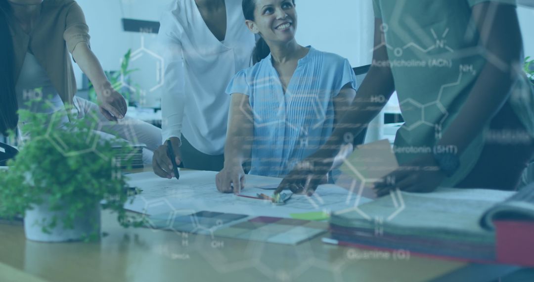 Diverse Business Team Strategizing with Digital Overlay Illustrations