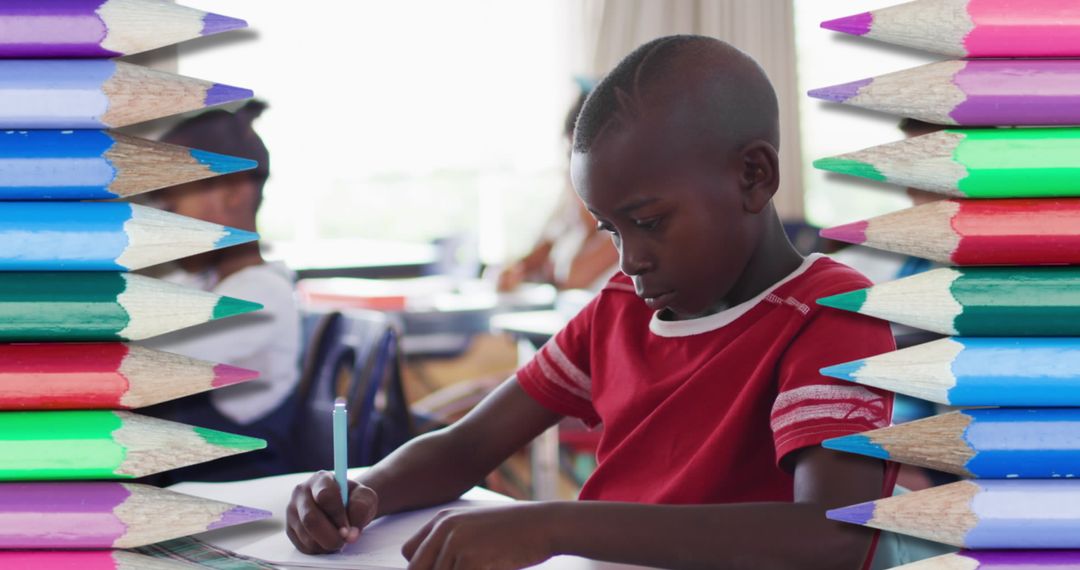 Student Concentrating on Writing Surrounded by Colorful Pencils